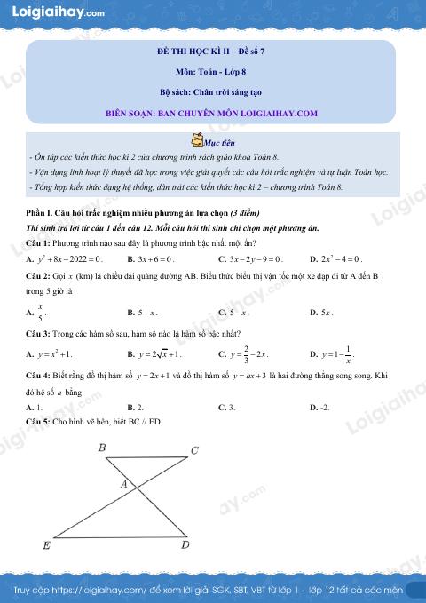 Đề thi học kì 2 Toán 8 Chân trời sáng tạo - Đề số 7